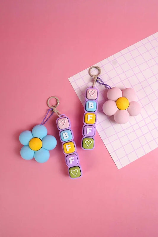 BFF Bubble Clicker Keychain Set | Set of 2 Best Friend Fidget Keychains with Flower Charm