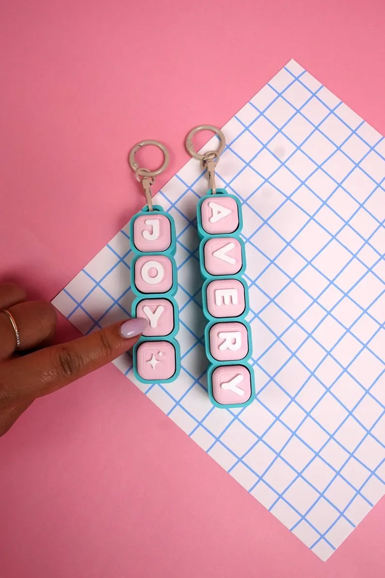 Custom Name Bubble Clicker Keychain (Cotton Candy - Pastel Pink, Arctic Teal)