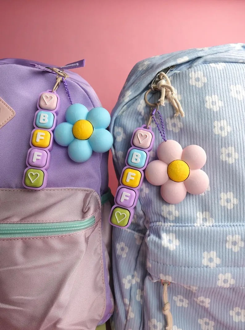 BFF Bubble Clicker Keychain Set | Set of 2 Best Friend Fidget Keychains with Flower Charm
