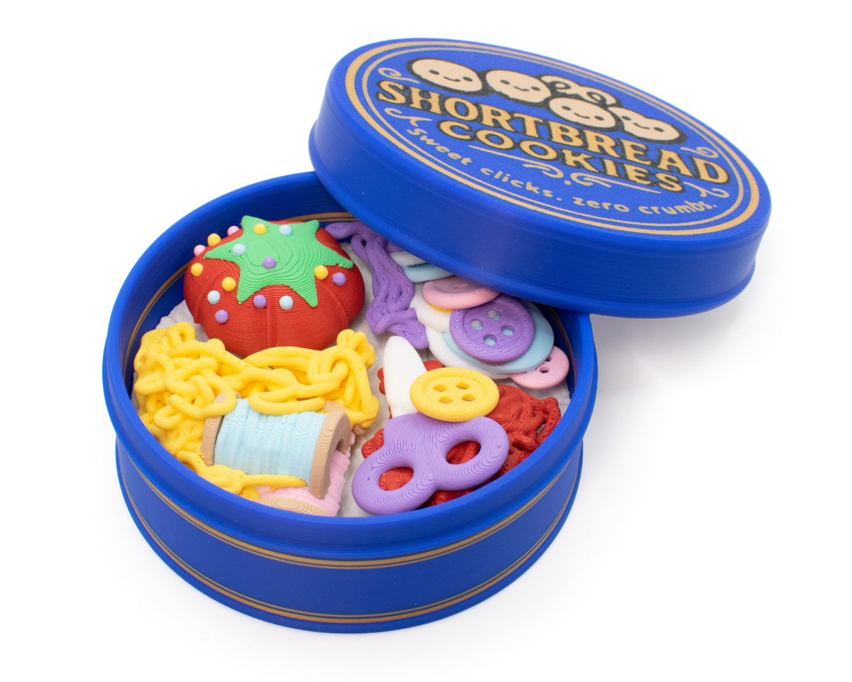 Cookie Tin Fidget Clicker, sewing kit inside